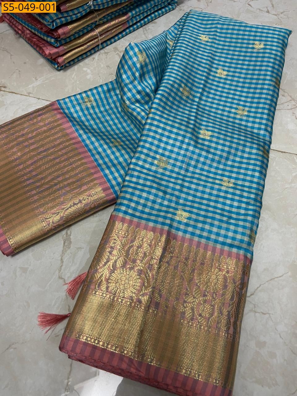 Sky Blue Banarasi Fancy Check Soft Silk Saree