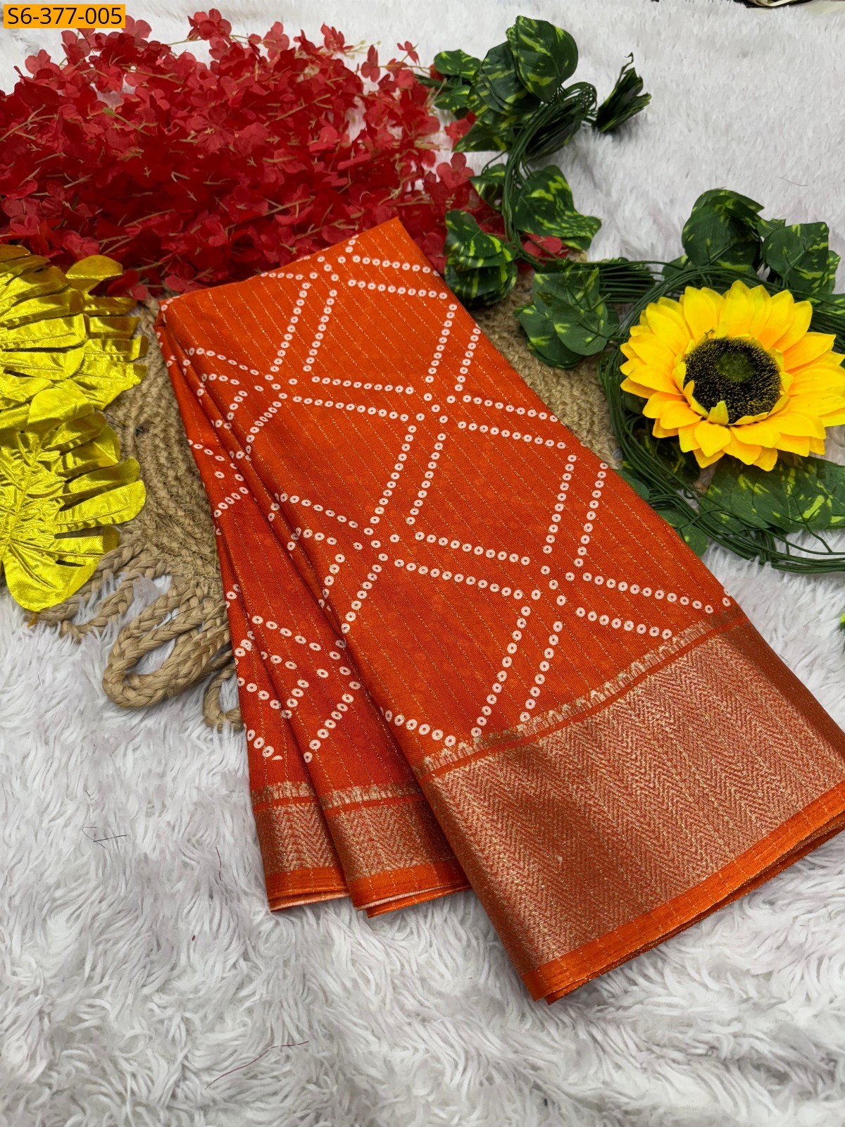 Orange Fancy Ajrakh silk saree