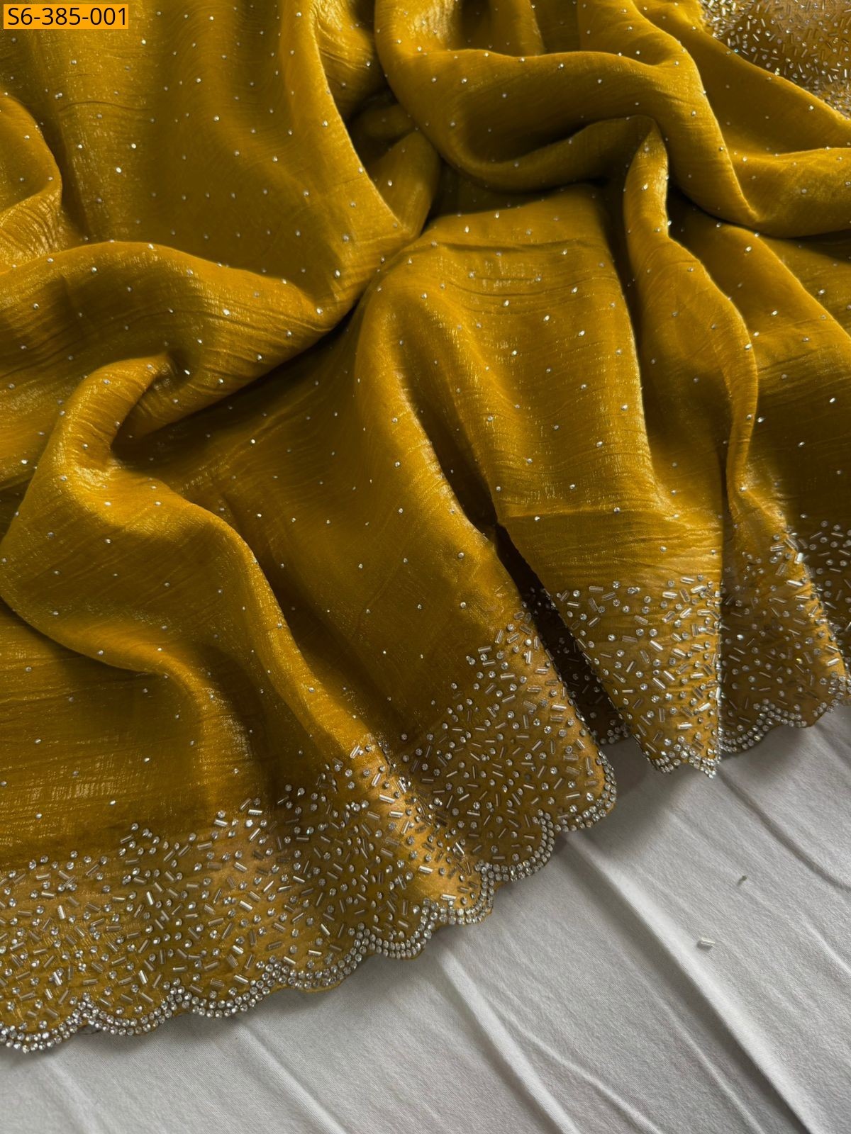 Yellow Fancy chiffon crunchy work saree