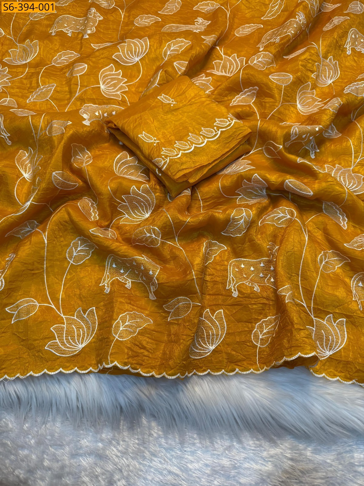 Yellow Crunchy multi embroidery designer saree