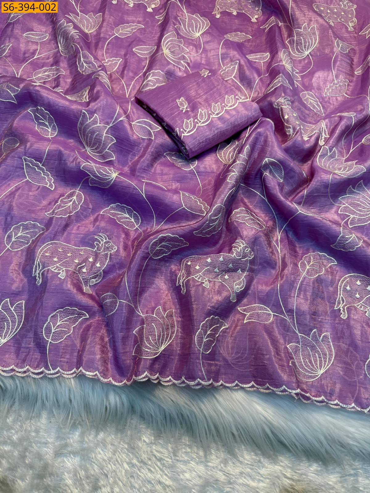 Lavender Crunchy multi embroidery designer saree