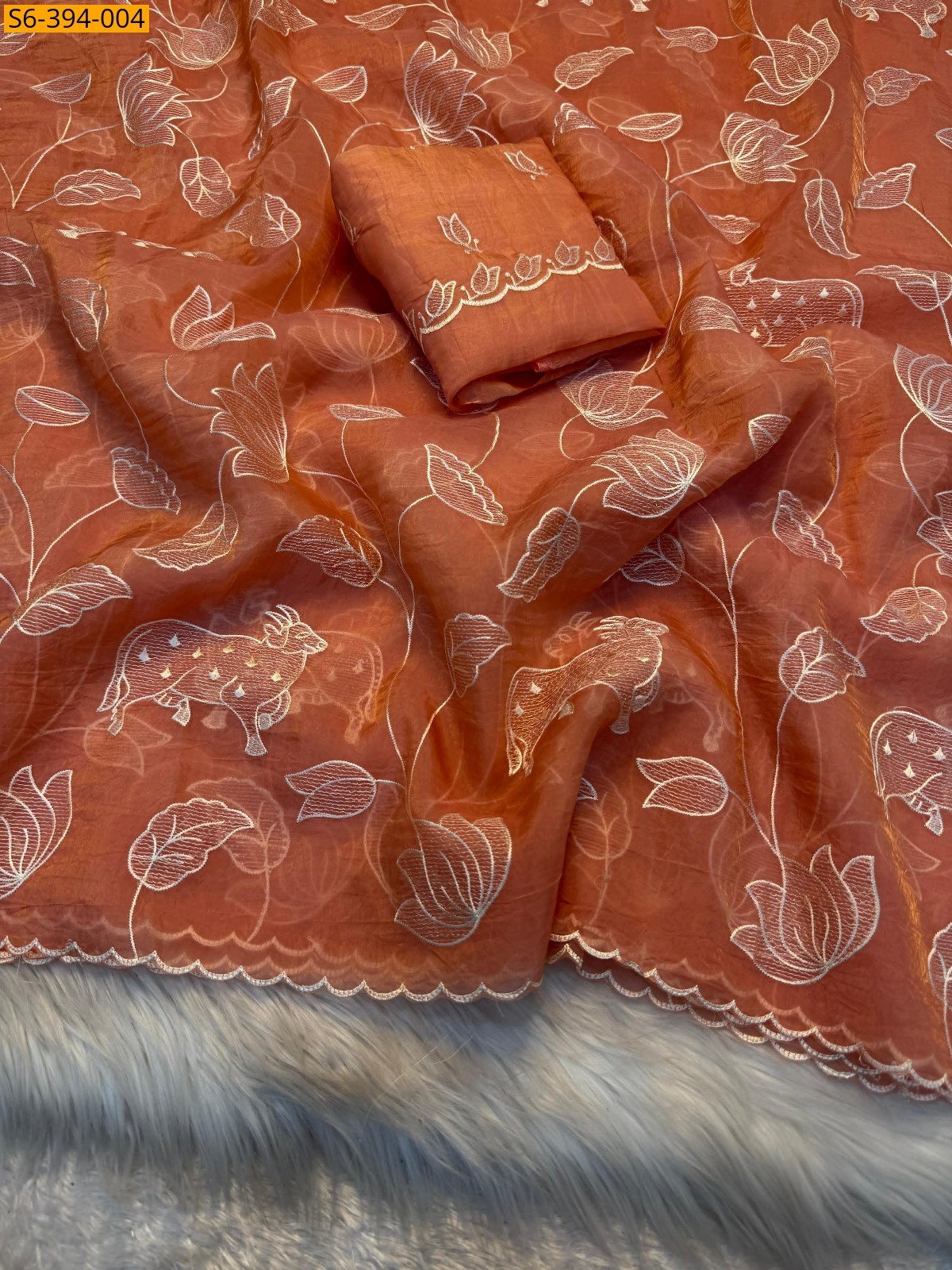 Orange Crunchy multi embroidery designer saree