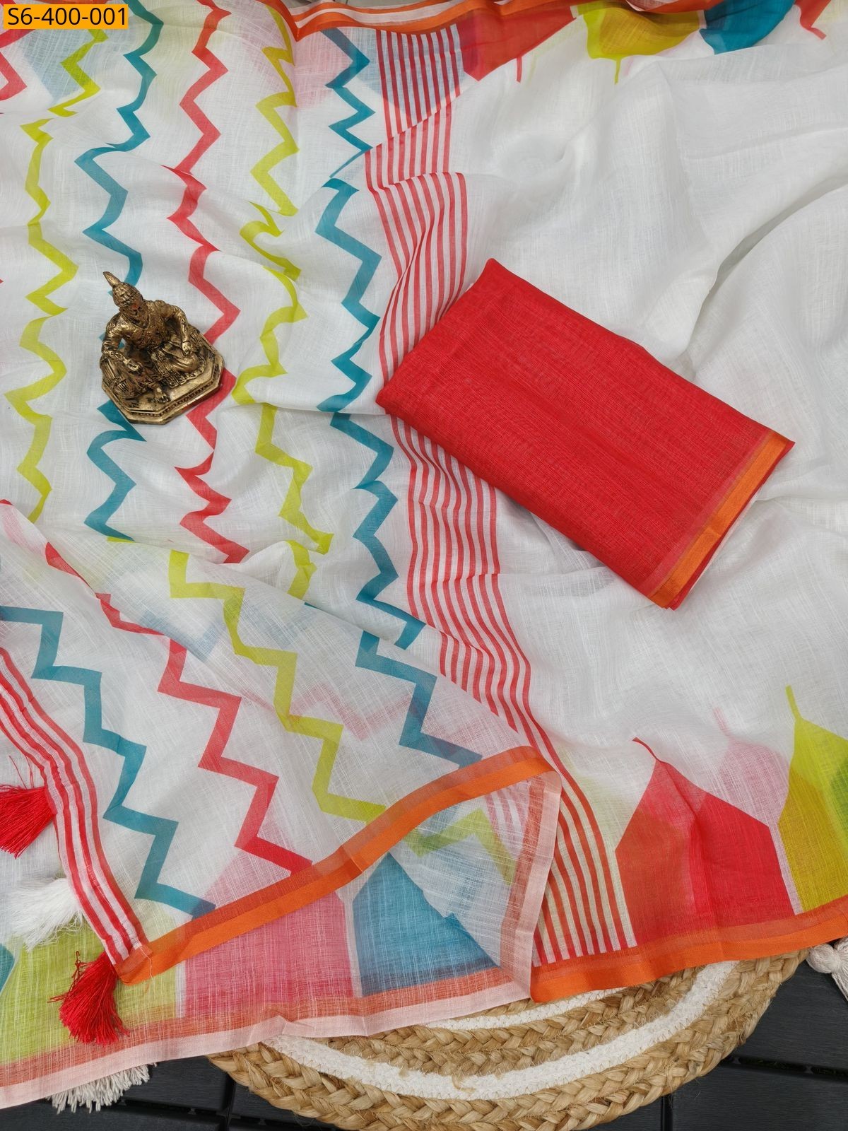 White Fancy linen silk saree