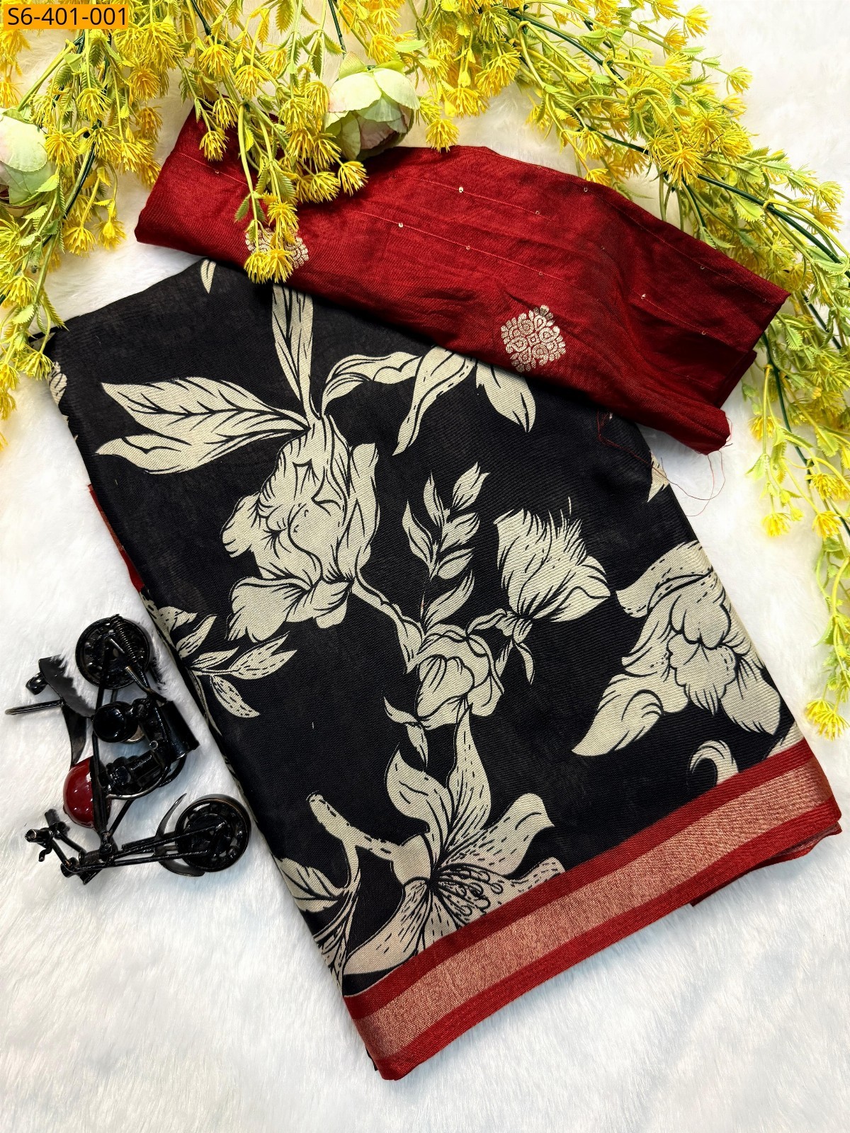 Black Fancy mulmul cotton printed sarees