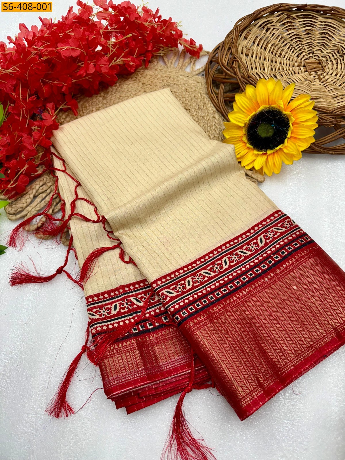 Sandal with Red Ajrakh marshmellow saree