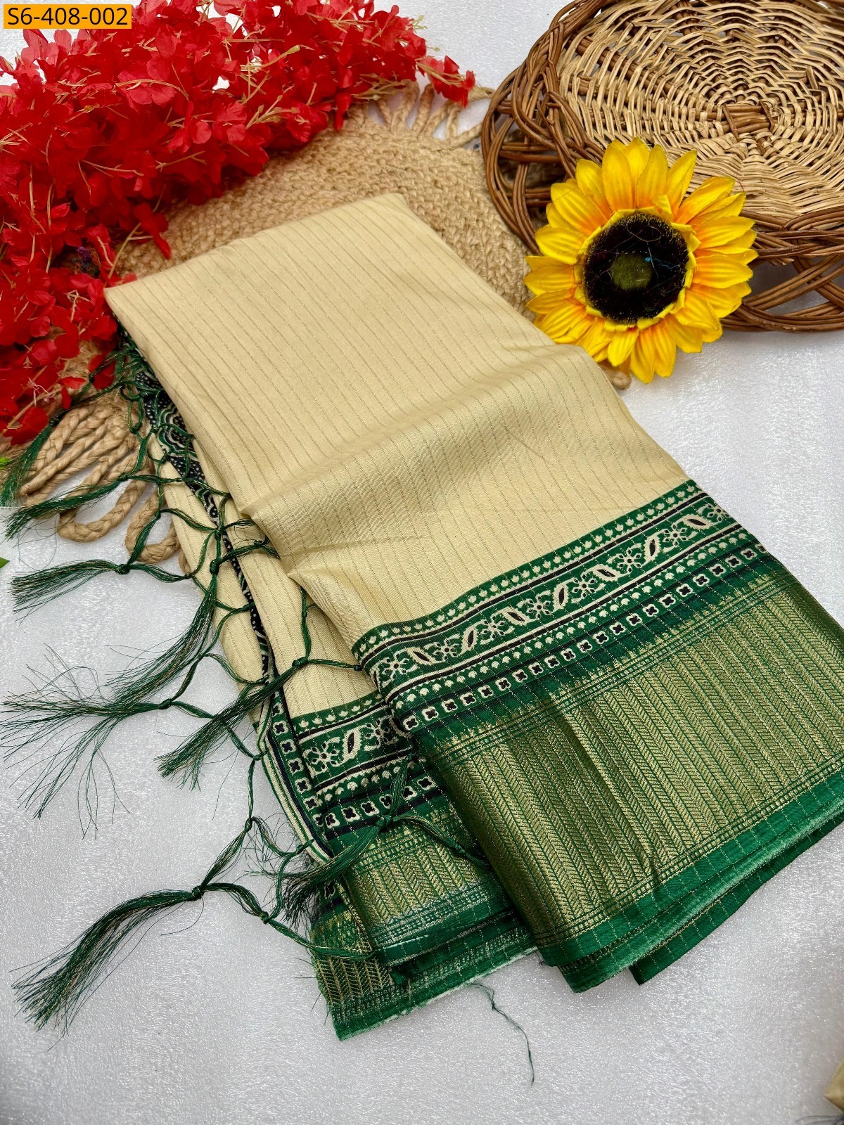 Sandal with Green Ajrakh marshmellow saree