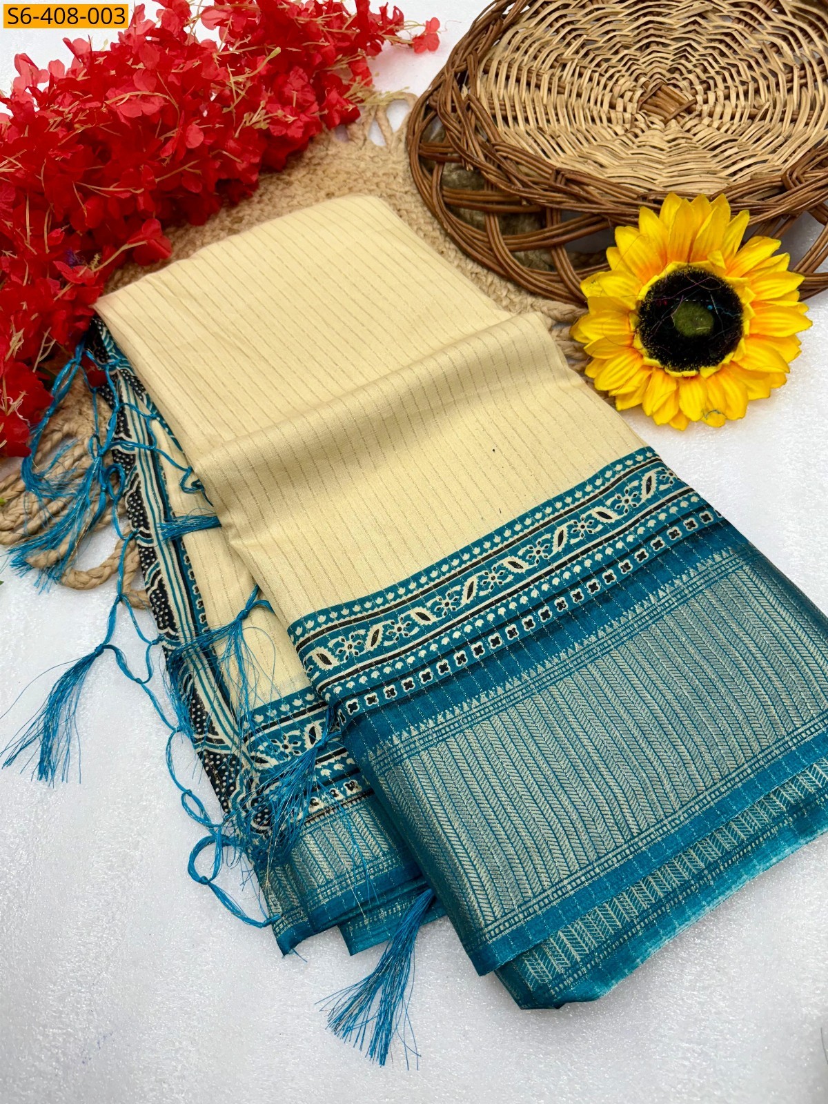 Sandal with Blue Ajrakh marshmellow saree