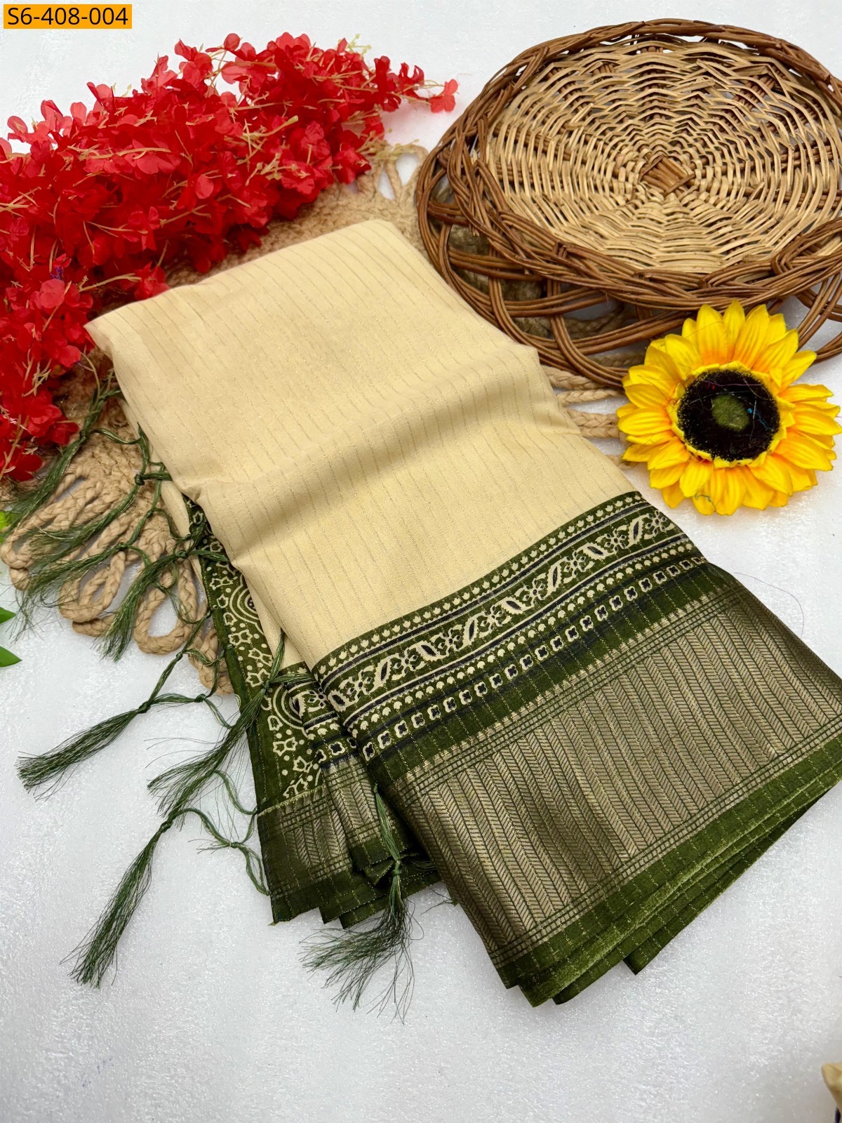 Sandal with Green Ajrakh marshmellow saree