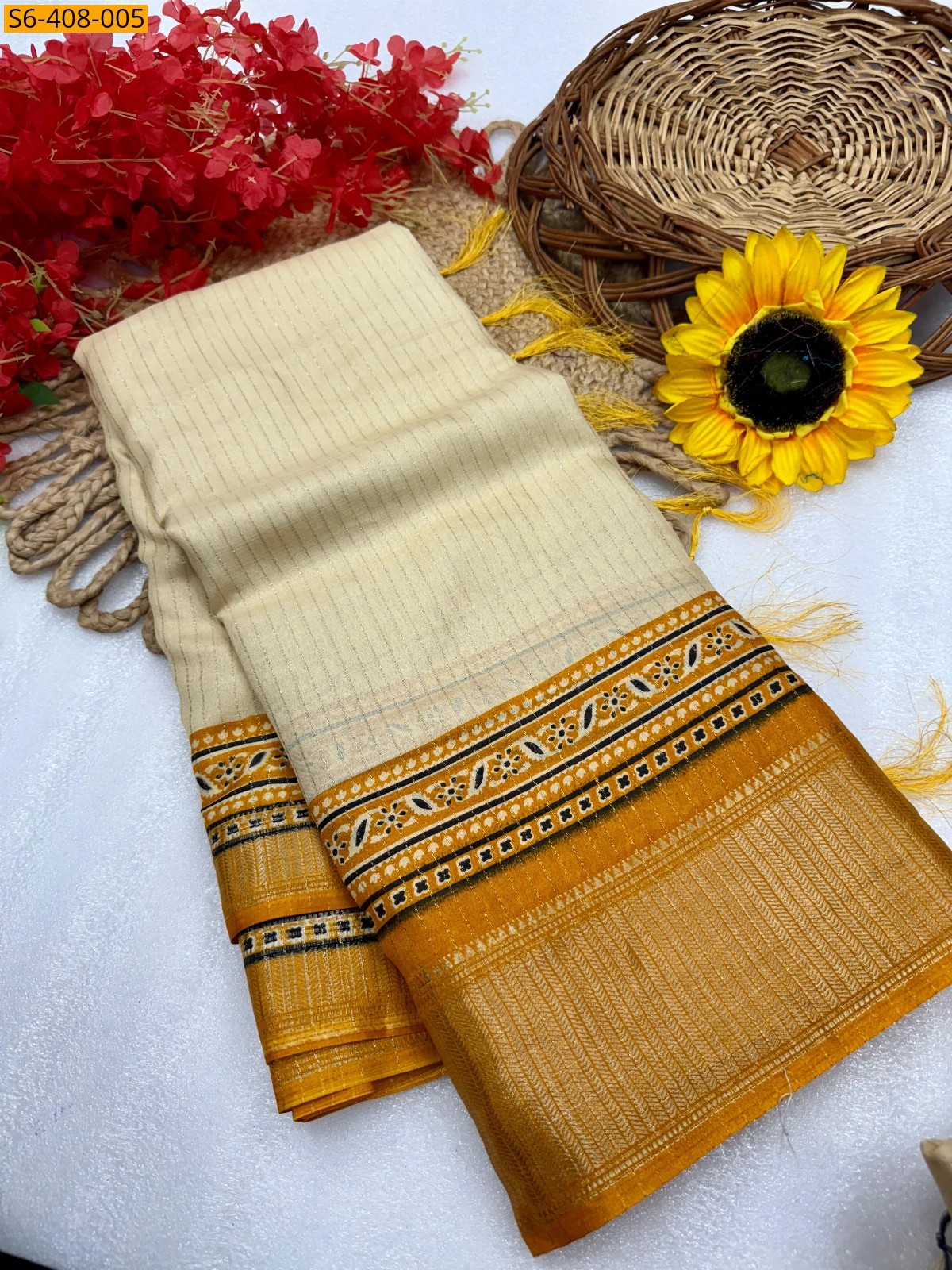 Sandal with Orange Ajrakh marshmellow saree