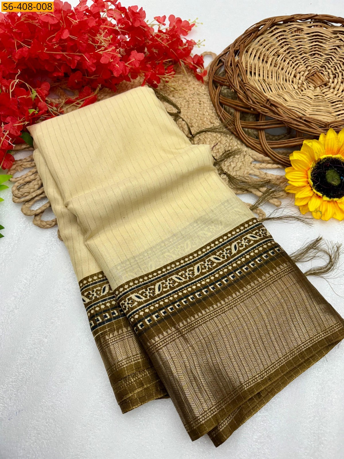 Sandal with Brown Ajrakh marshmellow saree