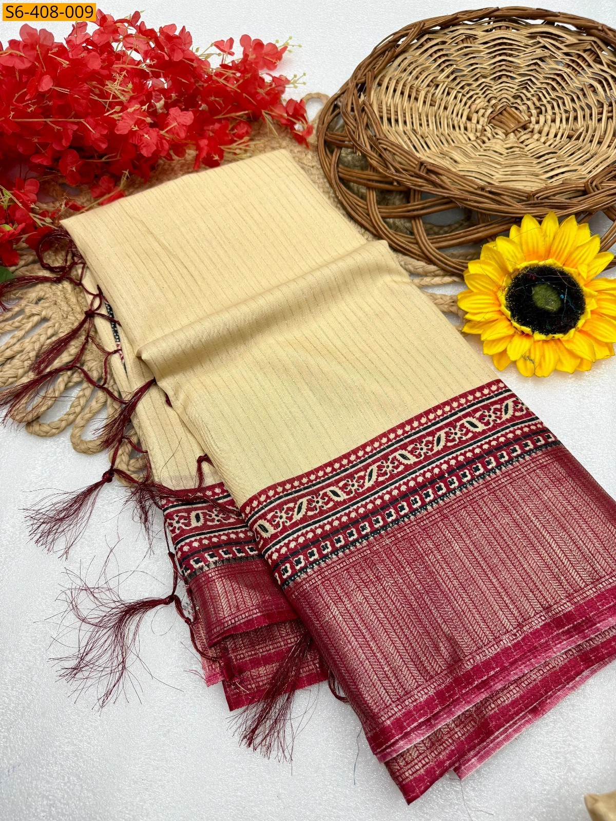 Sandal with Pink Ajrakh marshmellow saree
