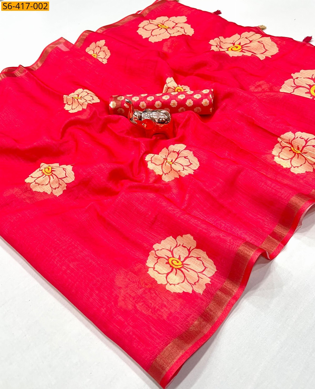 Red  Soft linen print light weight saree 
