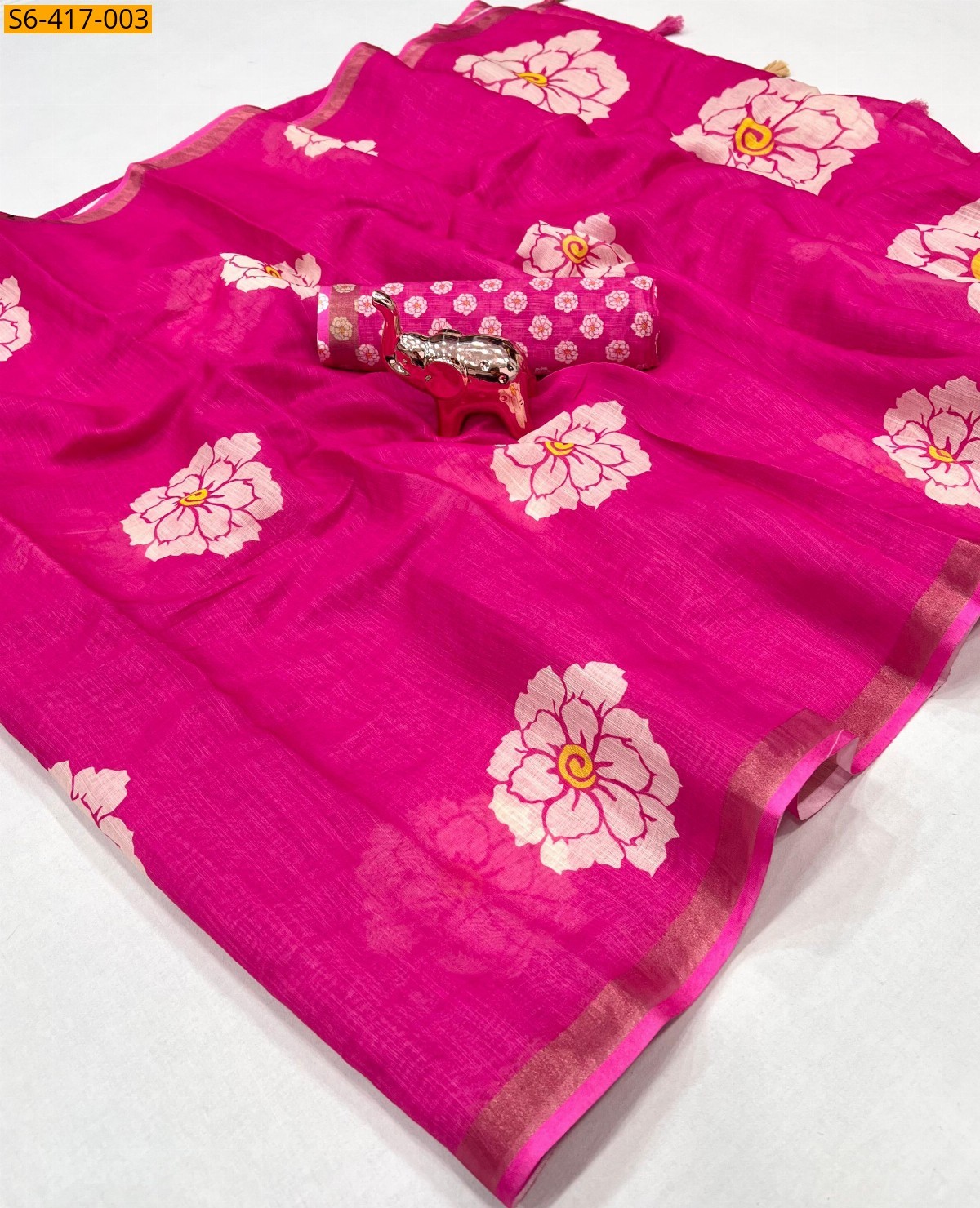 Pink  Soft linen print light weight saree 