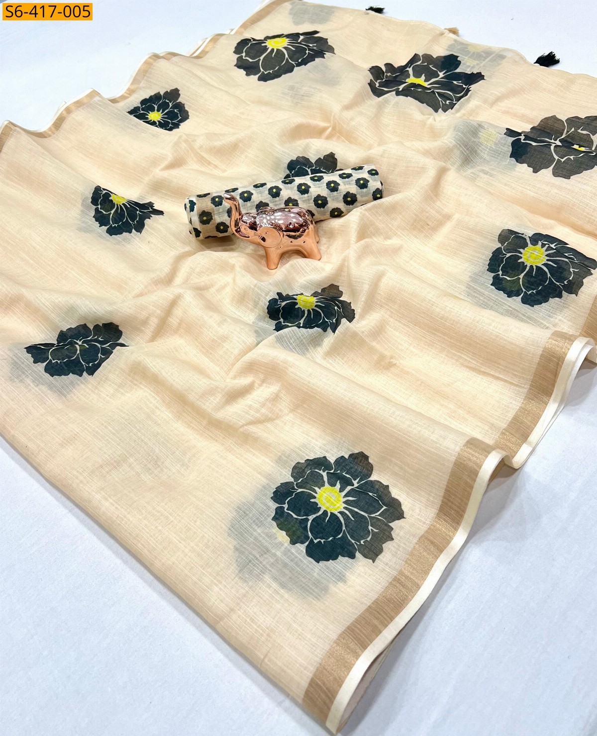 Half white  Soft linen print light weight saree 