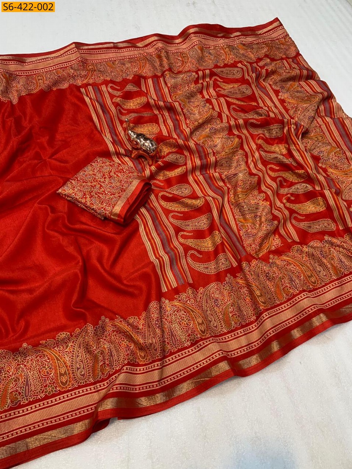 Red  fancy tussar kashmiri printed  saree 