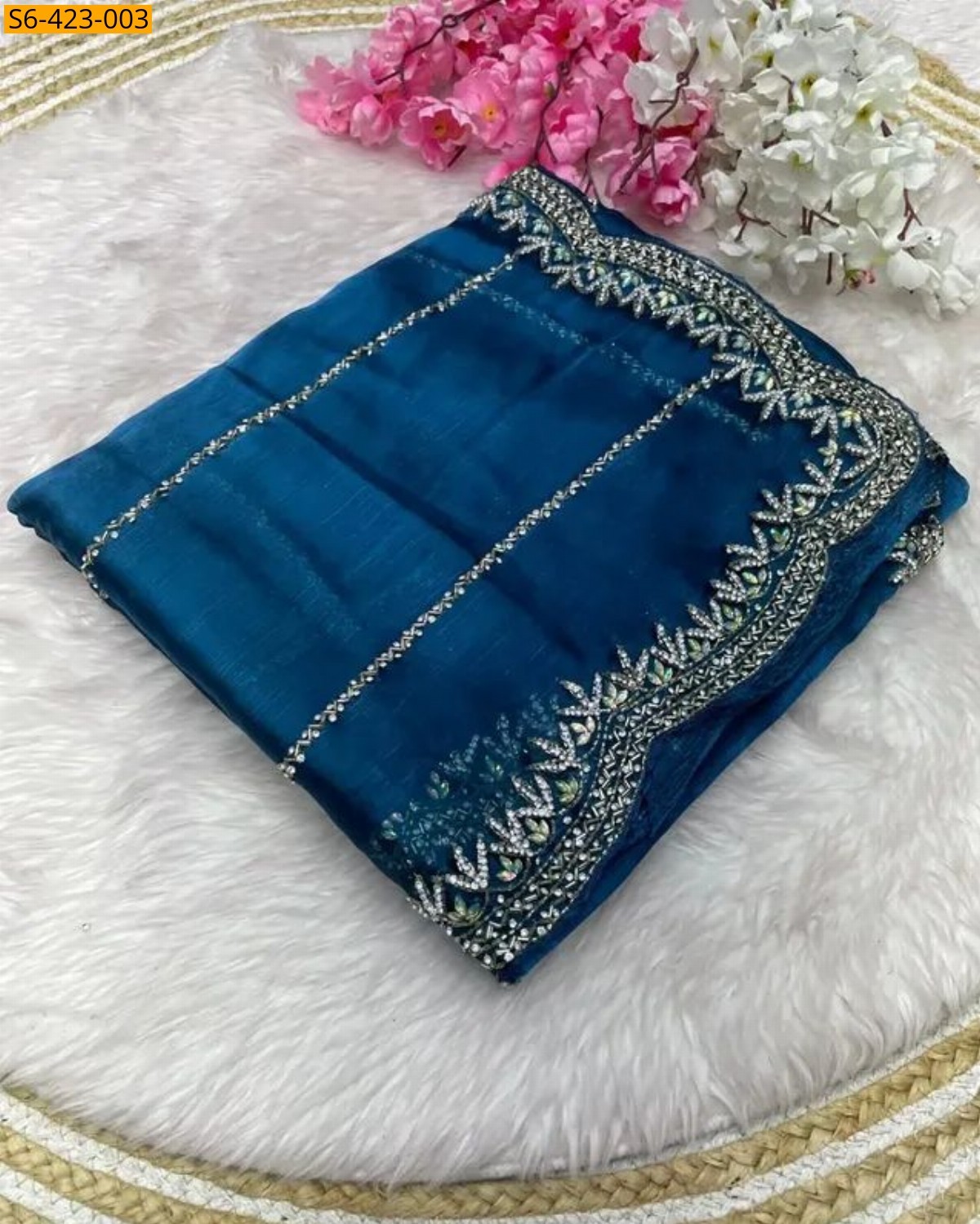 Blue Fendy chiffon jharkan saree 