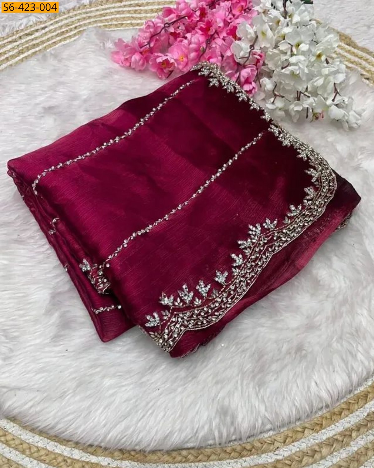 Peach Fendy chiffon jharkan saree 