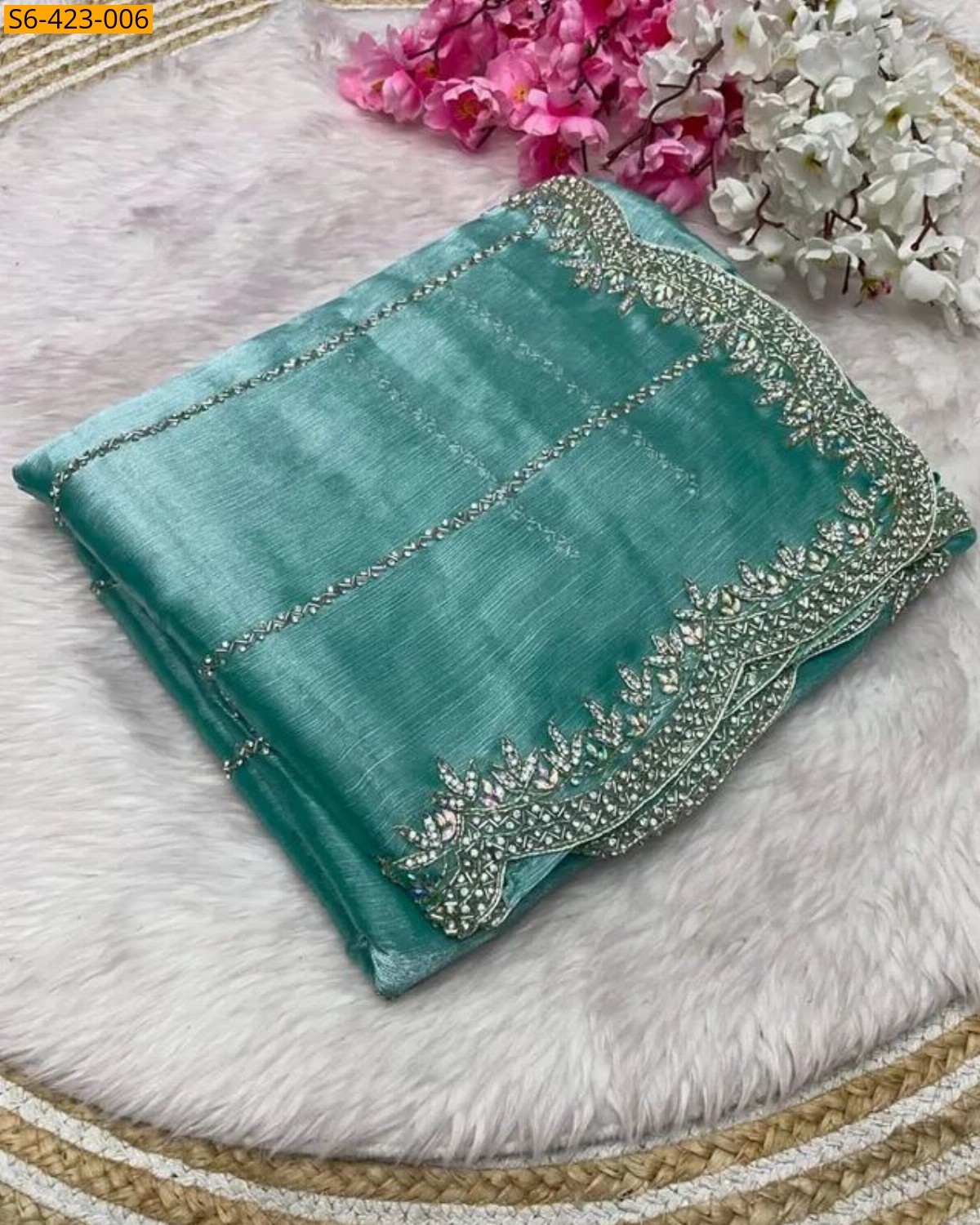 Blue Fendy chiffon jharkan saree 