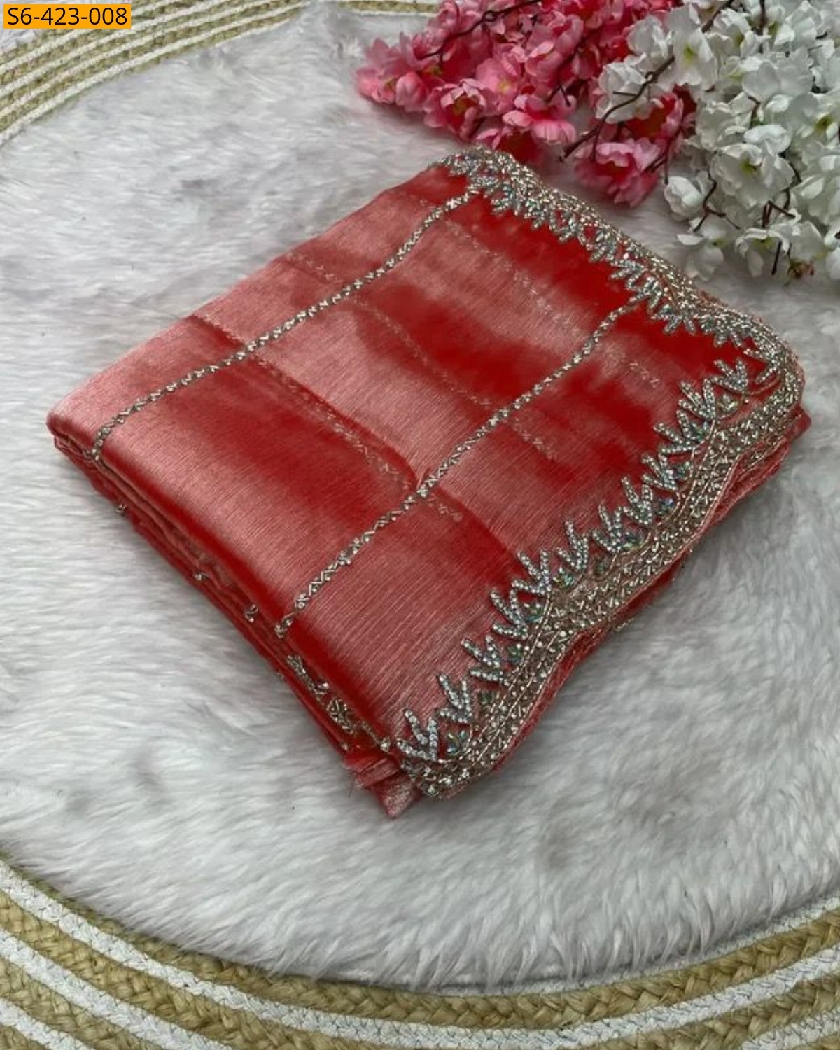 Orange Fendy chiffon jharkan saree 