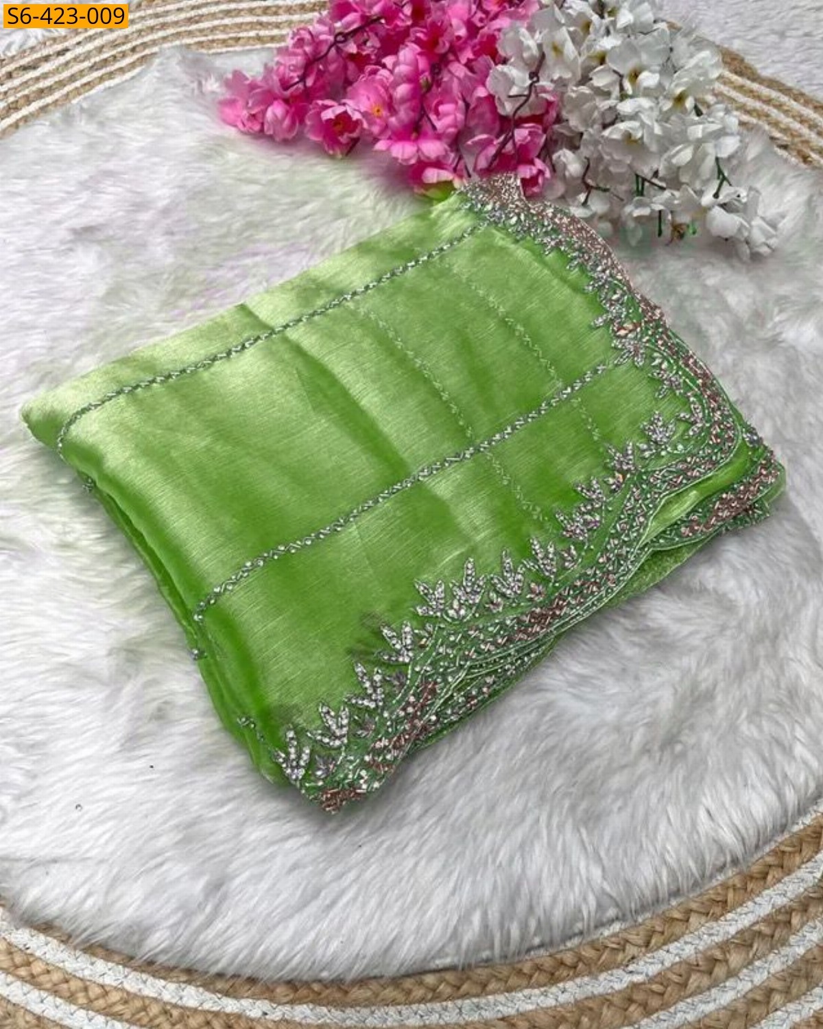 Green Fendy chiffon jharkan saree 