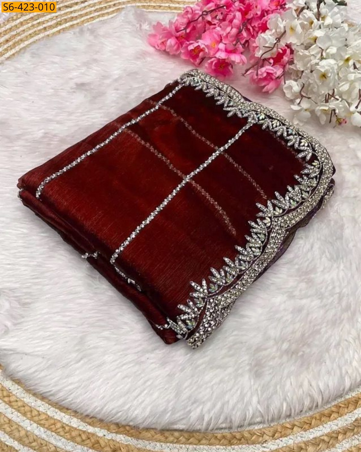 Maroon Fendy chiffon jharkan saree 
