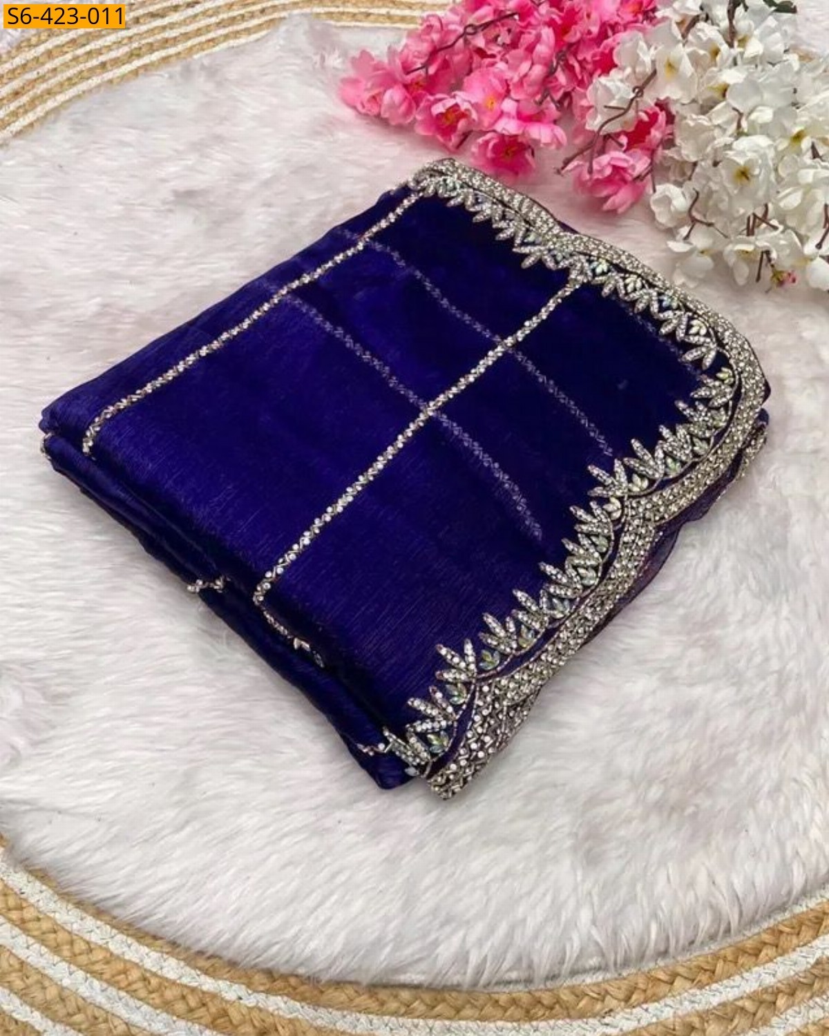 Blue Fendy chiffon jharkan saree 