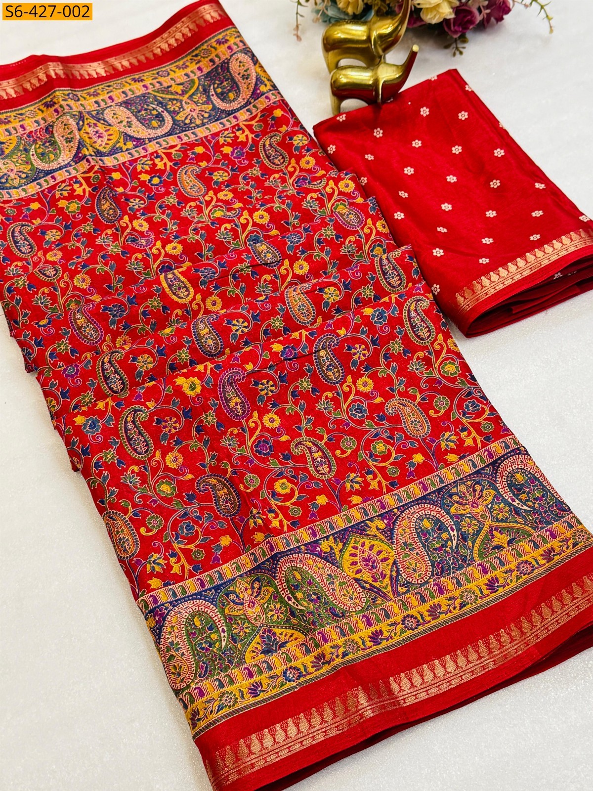 Red Fancy Tussar silk saree