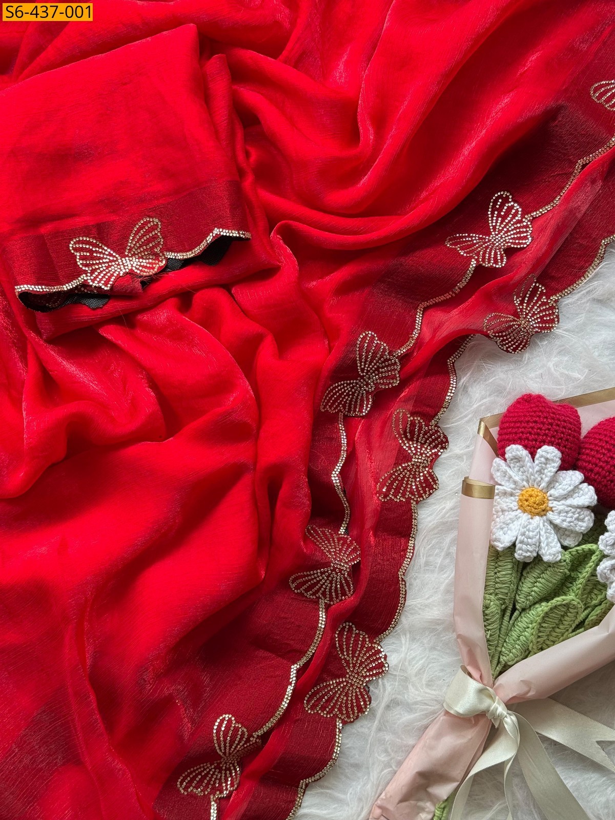 Red Fancy fendy chiffon  sarees