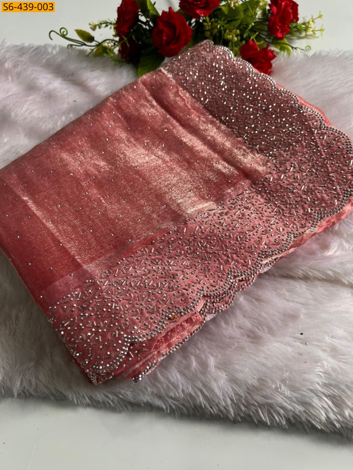 Peach Fancy fendy chiffon swaroski work sarees