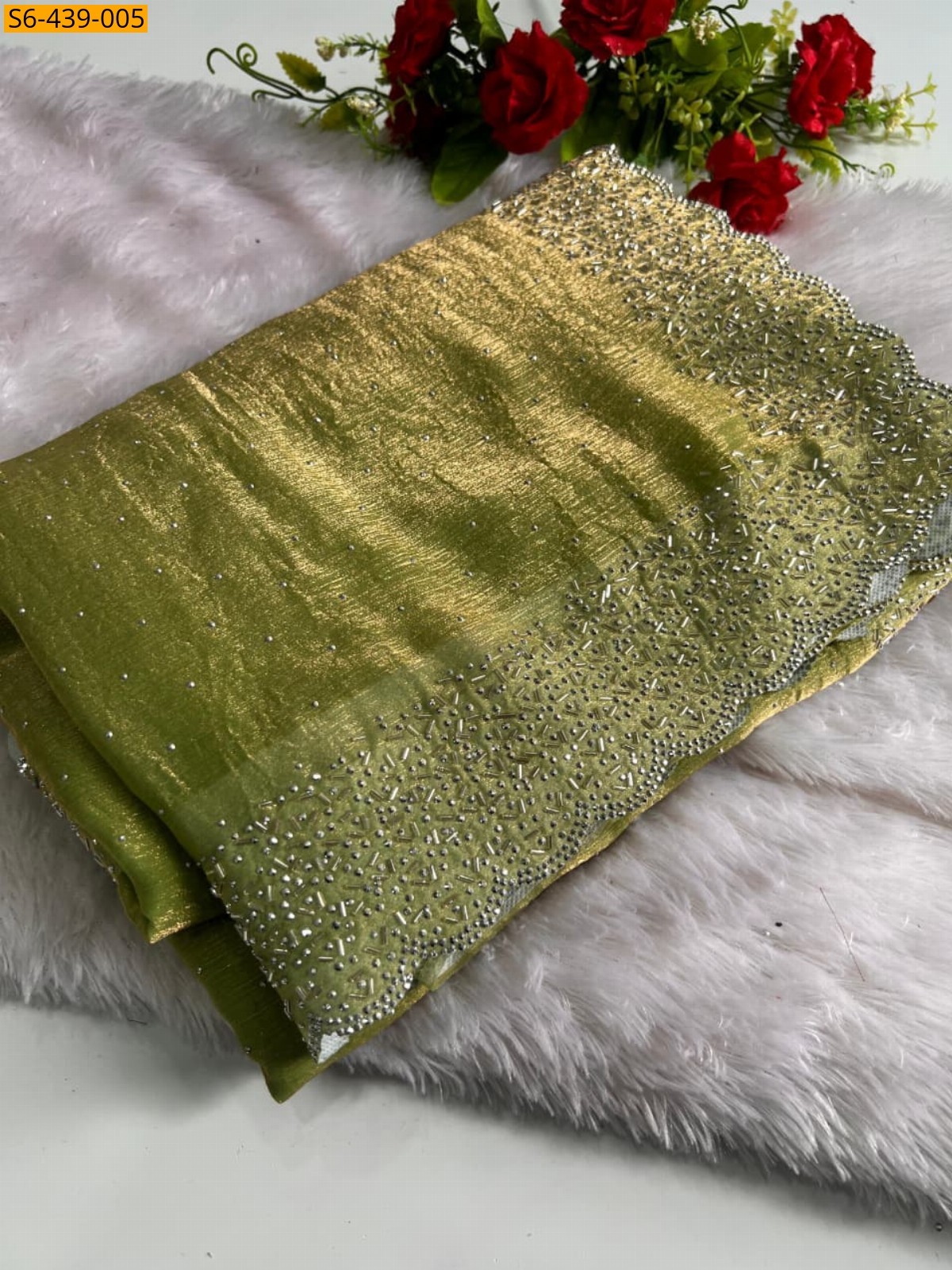 Green Fancy fendy chiffon swaroski work sarees