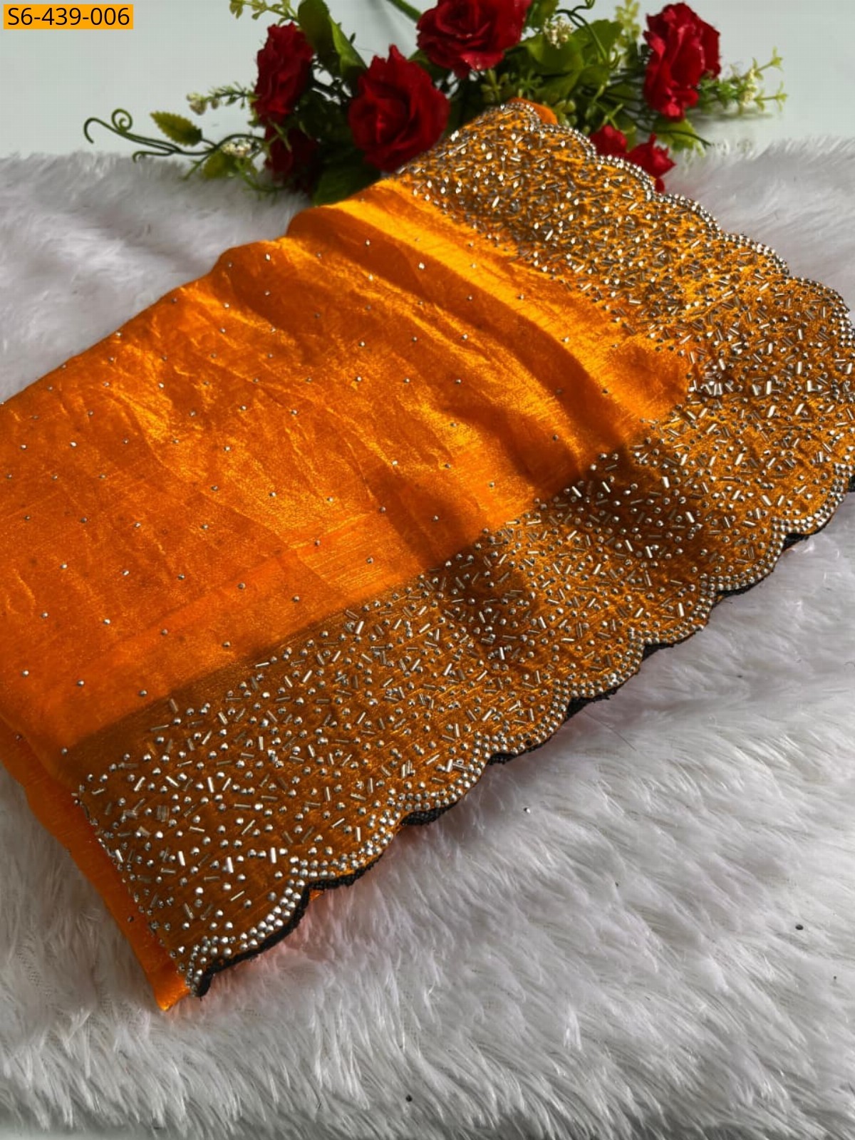 Orange Fancy fendy chiffon swaroski work sarees