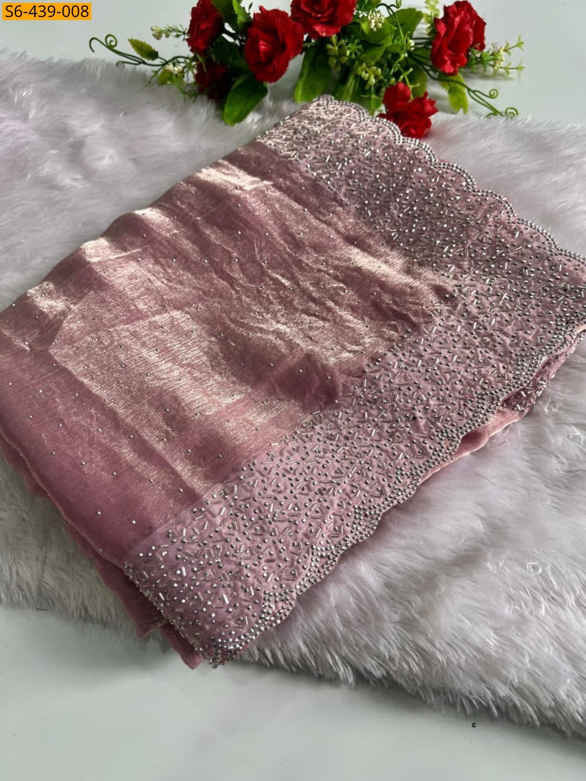 Peach Fancy fendy chiffon swaroski work sarees