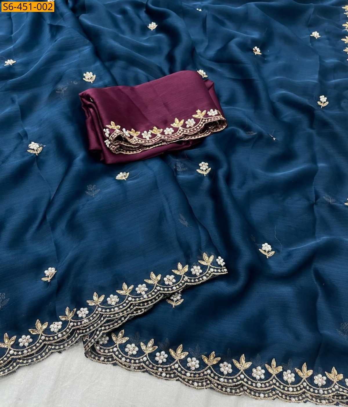 Navy Satin chiffon crush silk sarees