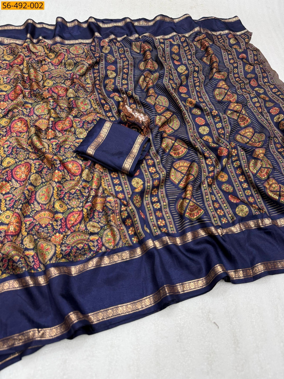Navy blue Fancy soft Tusser printed saree
