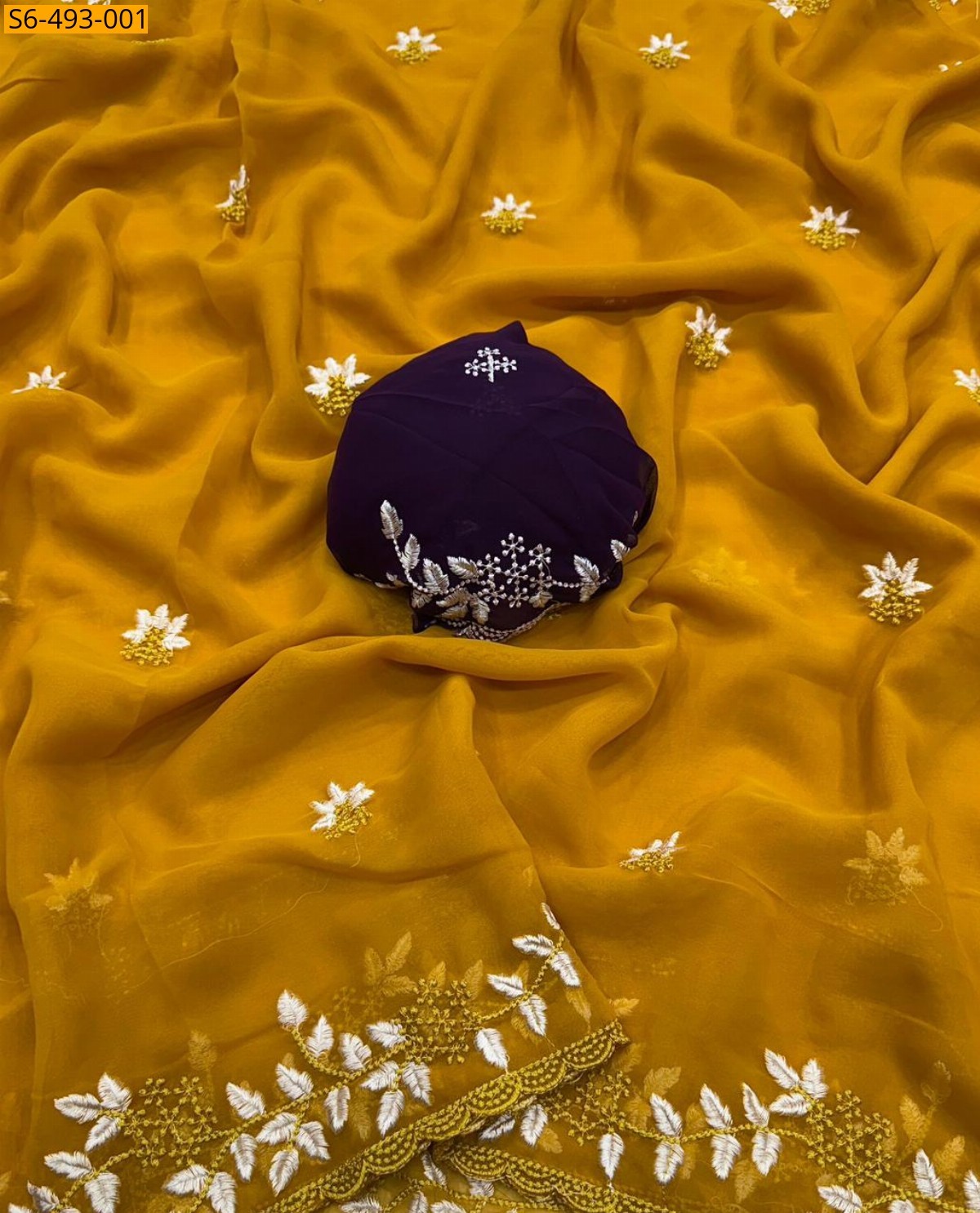 Yellow Fancy Chiffon embroidery saree