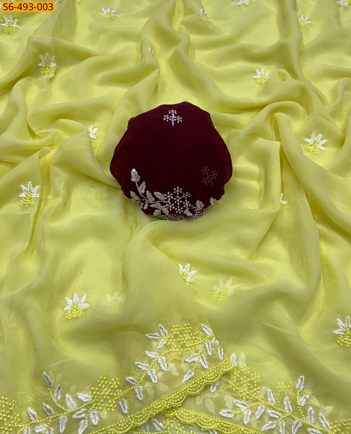 Lemon yellow Fancy Chiffon embroidery saree