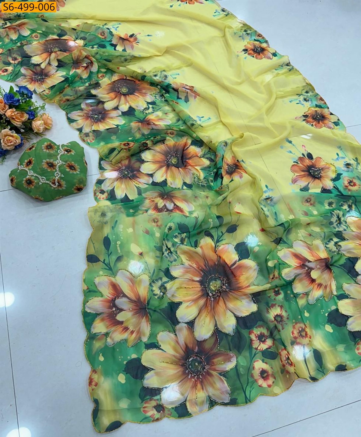 Yellow Fancy Soft  smooth Chiffon Saree