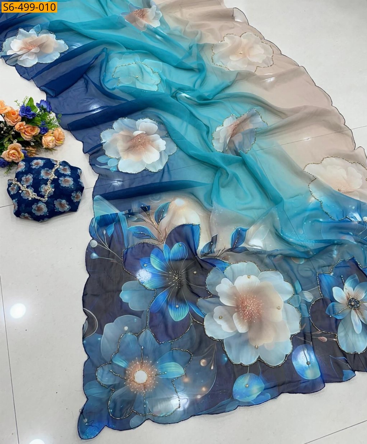 Blue Fancy Soft  smooth Chiffon Saree