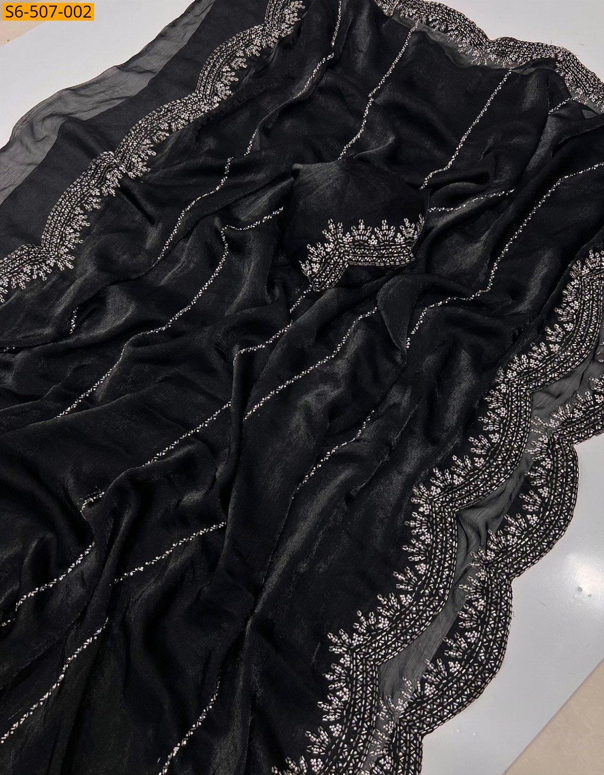 Black Fendy Chiffon Jarkhan Diamond Work Saree