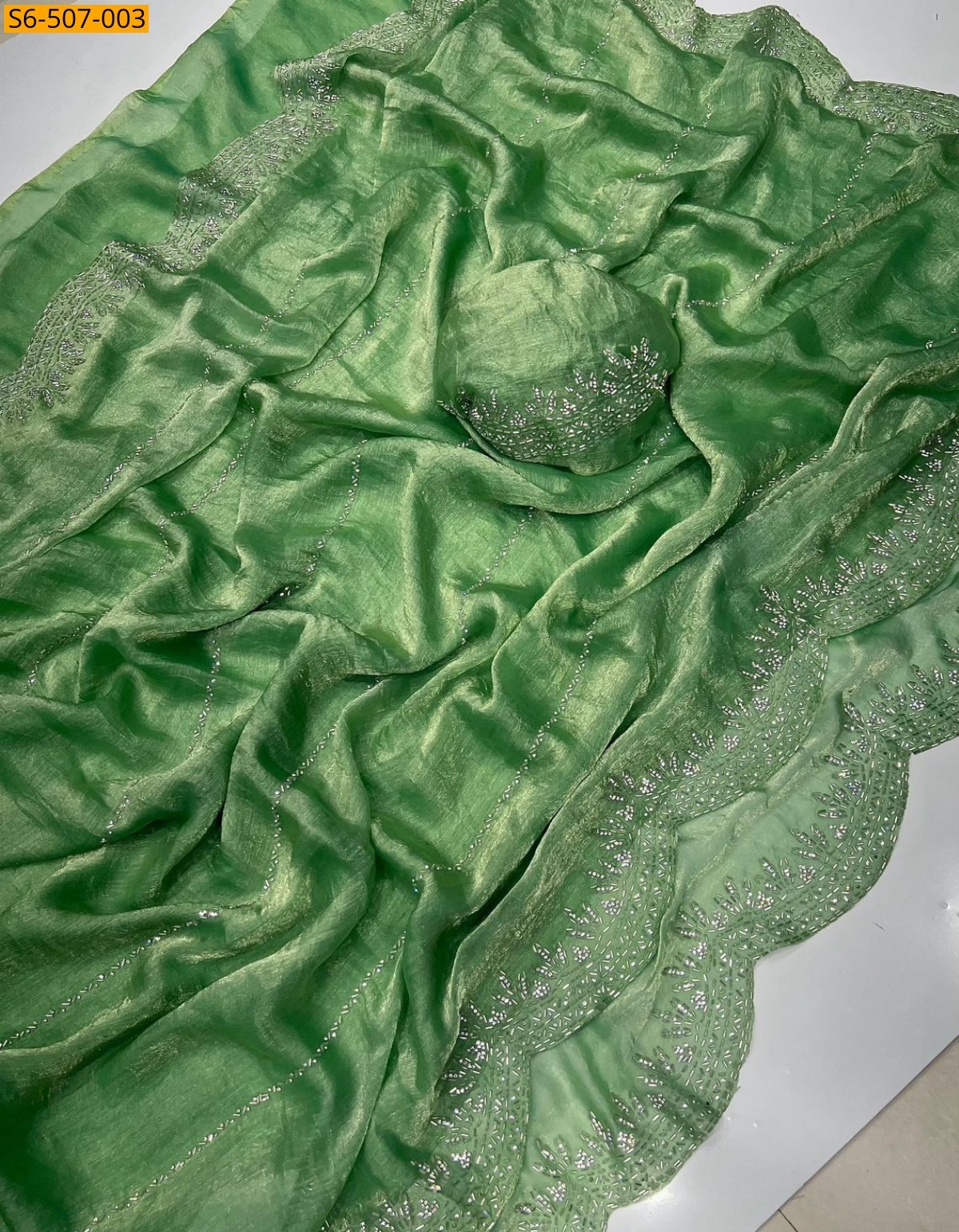 Green Fendy Chiffon Jarkhan Diamond Work Saree