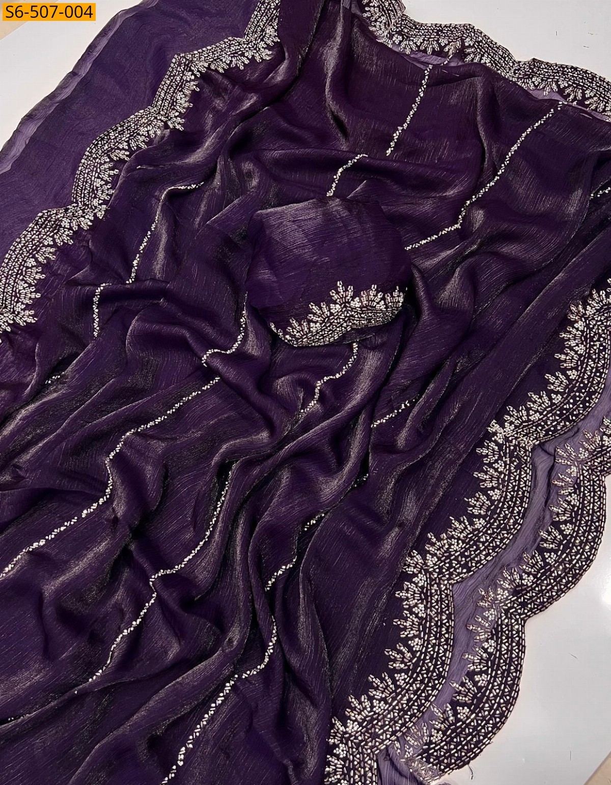 Wine Fendy Chiffon Jarkhan Diamond Work Saree