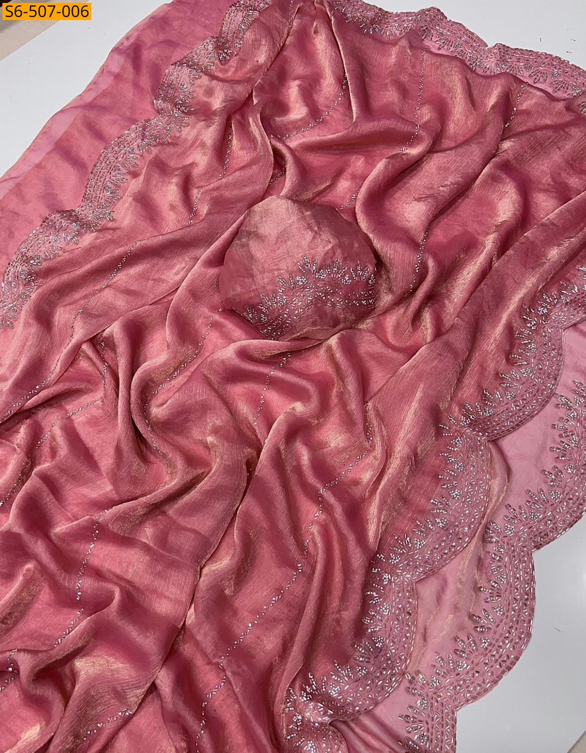 Peach Fendy Chiffon Jarkhan Diamond Work Saree