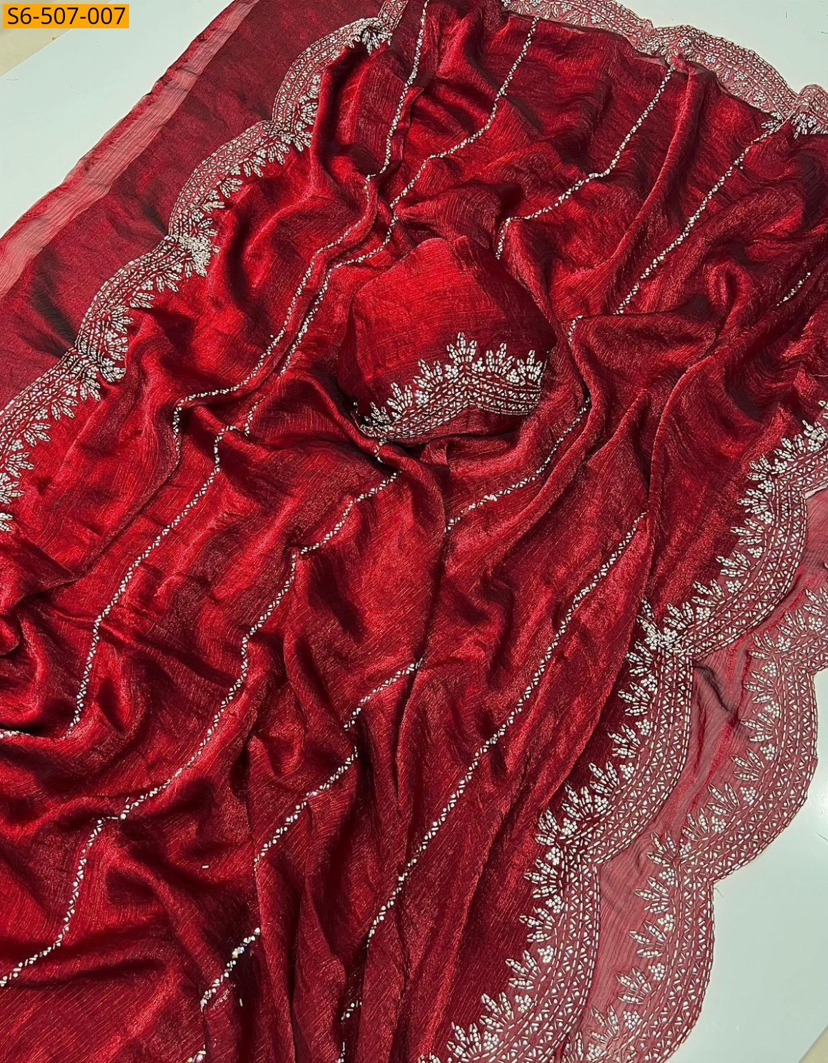 Red Fendy Chiffon Jarkhan Diamond Work Saree