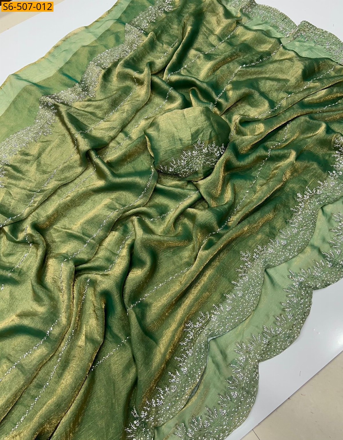 Green Fendy Chiffon Jarkhan Diamond Work Saree