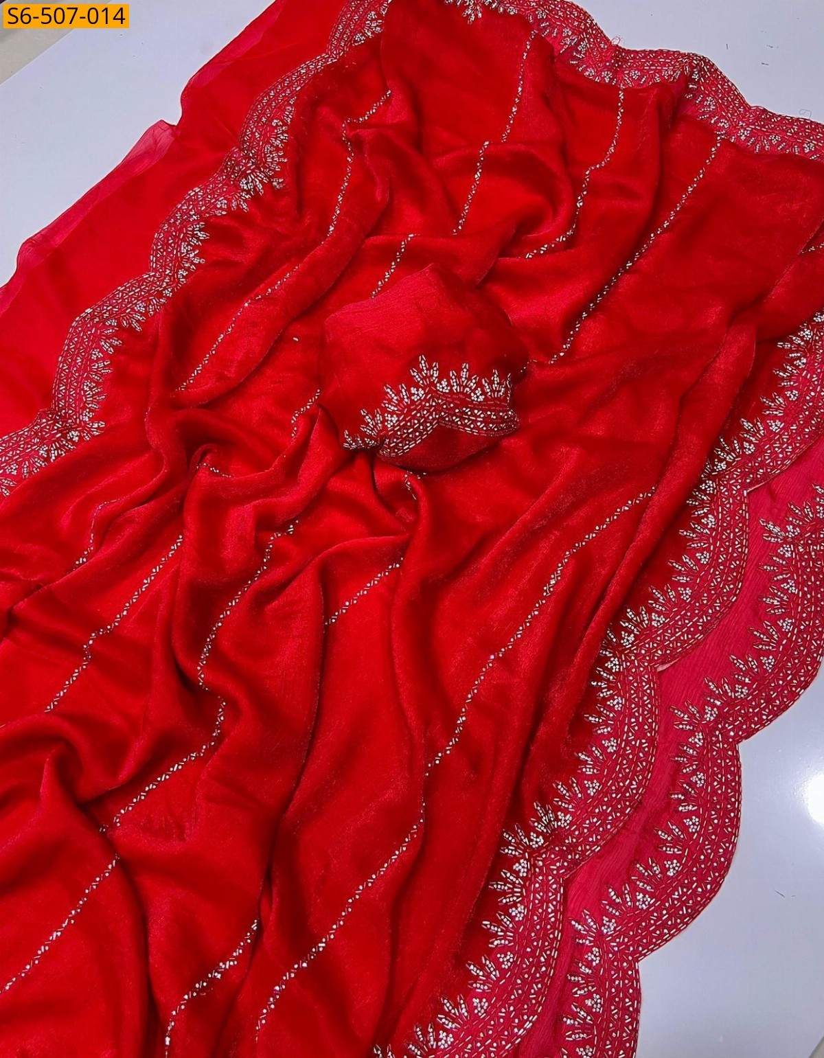 Red Fendy Chiffon Jarkhan Diamond Work Saree