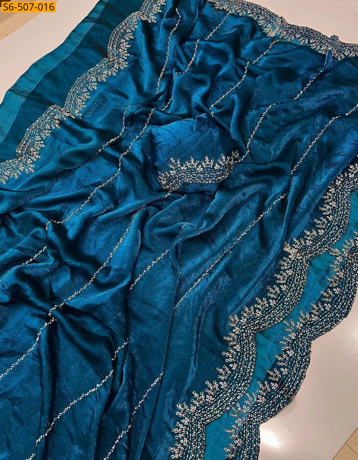 Blue Fendy Chiffon Jarkhan Diamond Work Saree