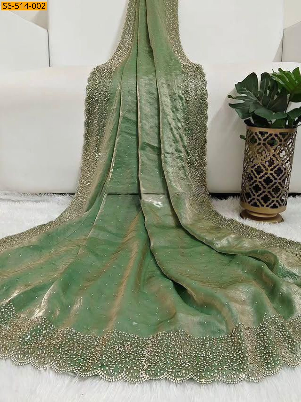 Green Fancy Space Sattin Soft Silk Saree