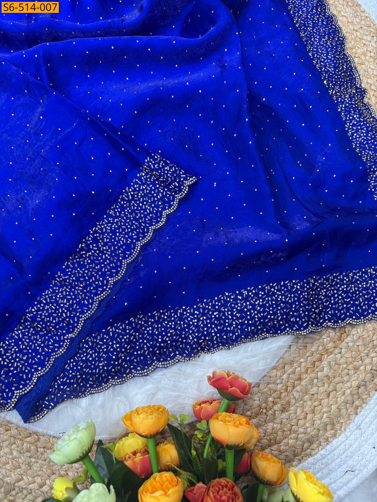 Blue Fancy Space Sattin Soft Silk Saree