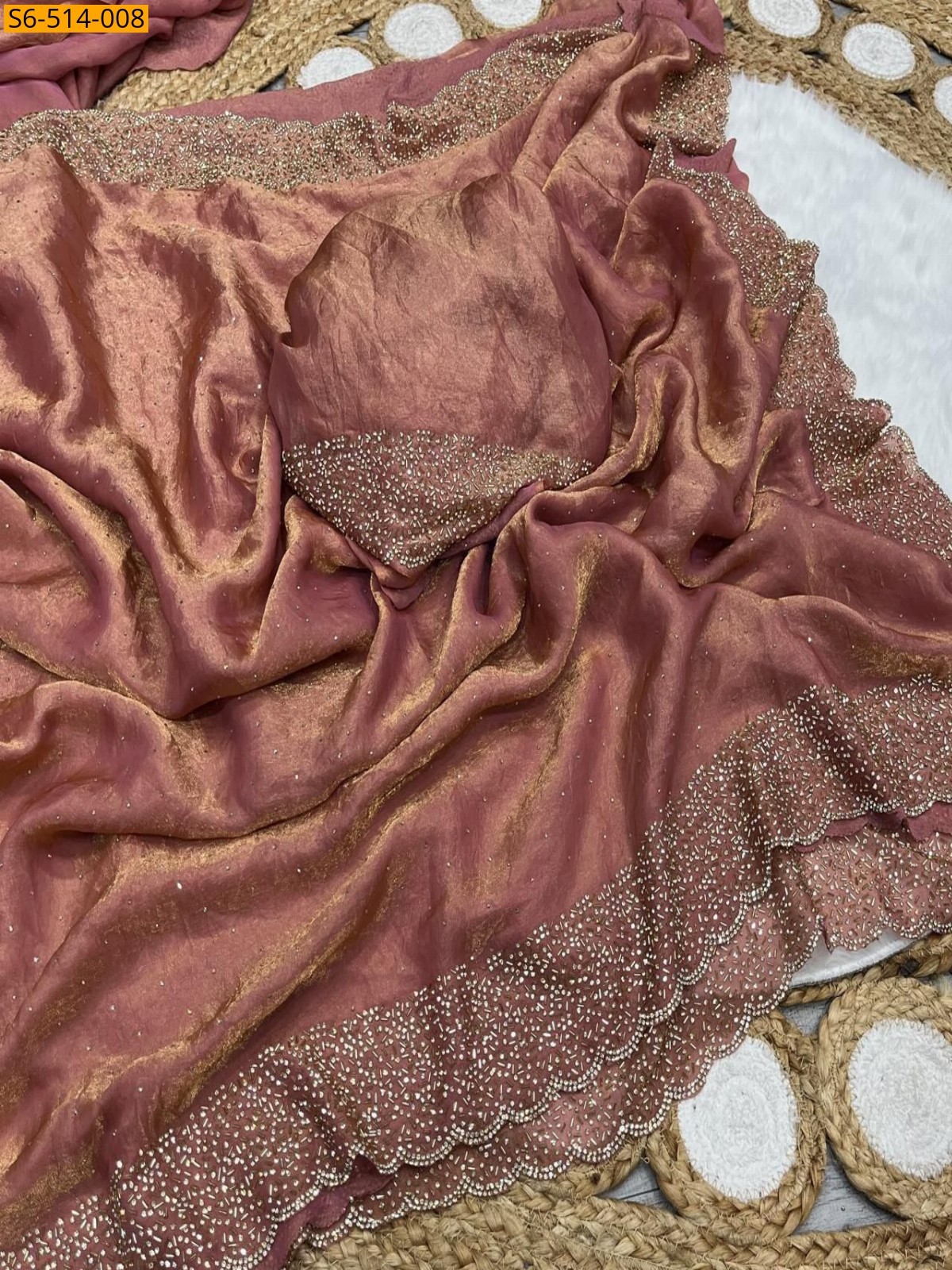 Peach Fancy Space Sattin Soft Silk Saree