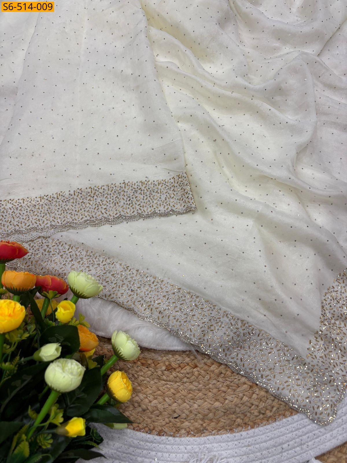 White Fancy Space Sattin Soft Silk Saree